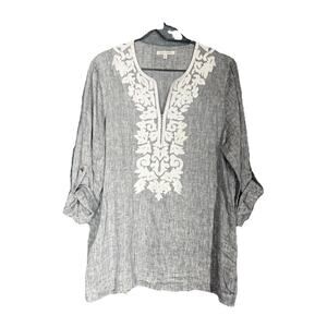 John Mark Linen Tunic Blouse Womens Size Large Gray Applique Roll Tab Beach Boho
